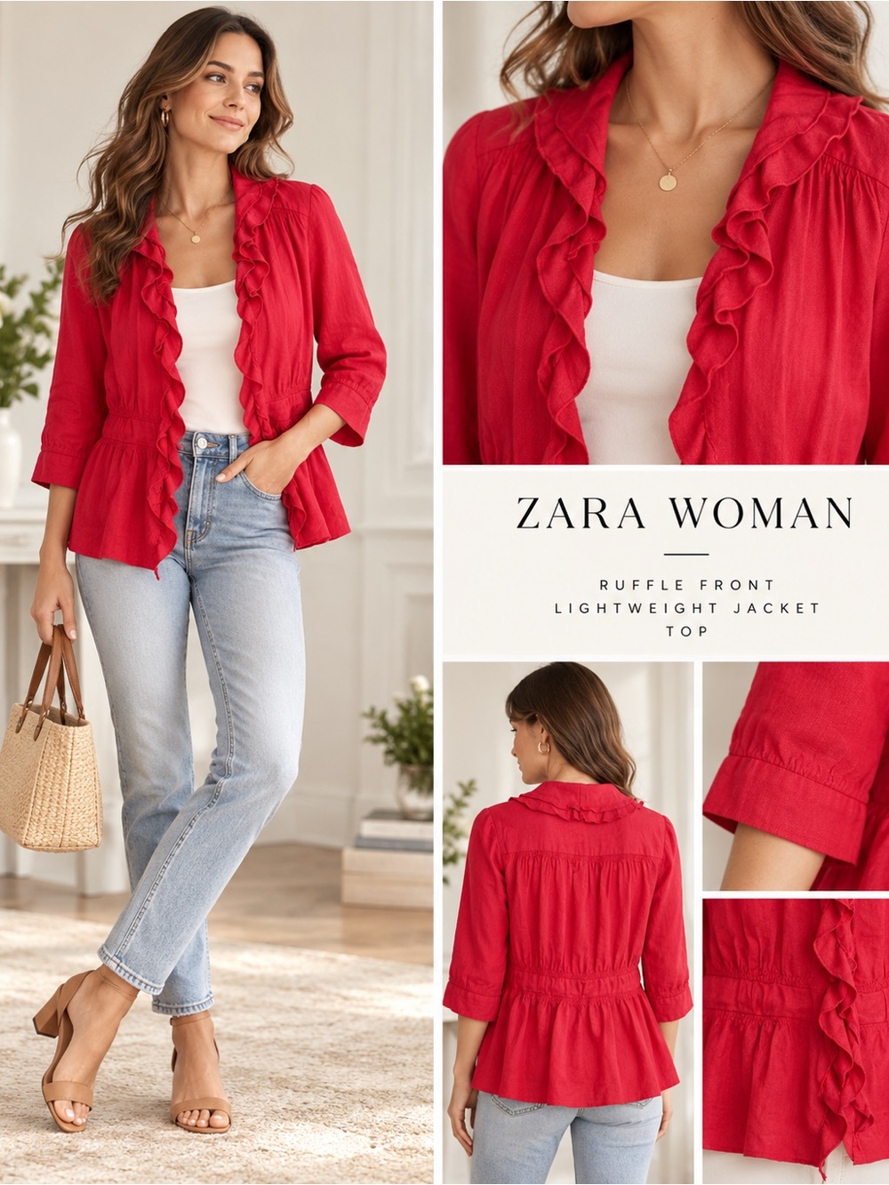 Zara Woman Red Ruffle Front Peplum Jacket Blouse 3/4 Sleeve L